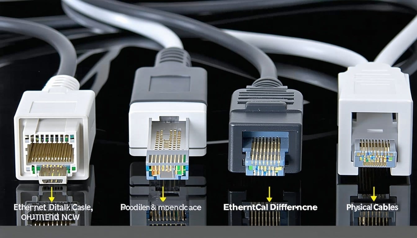 A close-up image of various Ethernet cables labele