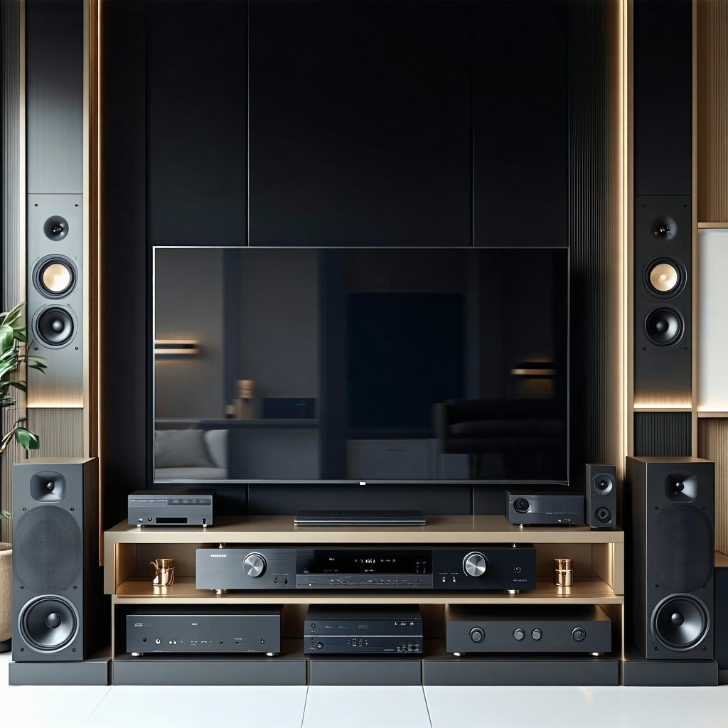 The description refers to a sophisticated audio and visual system that seamlessly combines advanced technology with contemporary aesthetics. This high-end setup features sleek lines, premium materials, and state-of-the-art components, all designed to deliver an exceptional multimedia experience while enhancing the overall decor of any space.