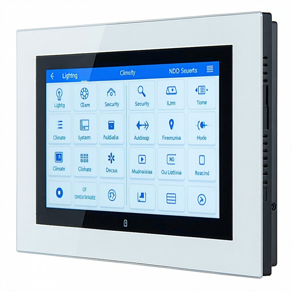 The image features a sleek and modern smart home automation panel, designed with a touch-sensitive interface and an array of intuitive controls. It displays a vibrant touchscreen that allows users to manage various aspects of their home, such as lighting, security systems, climate controls, and multimedia devices, all integrated seamlessly for user-friendly interaction. The panel is elegantly mounted on a wall, highlighting its contemporary aesthetic and advanced technological capabilities.