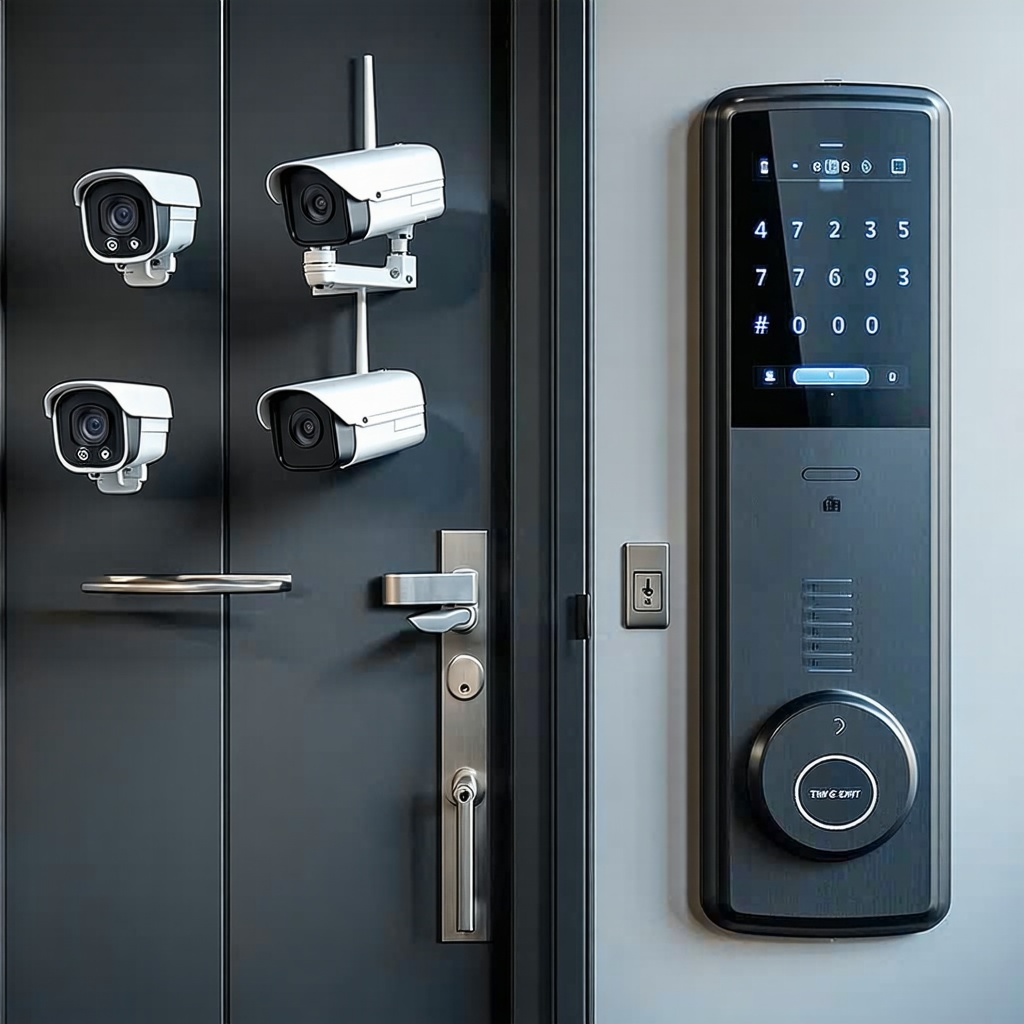 The image showcases a cutting-edge security system that prominently displays various high-tech components such as sleek surveillance cameras strategically positioned for optimal coverage and state-of-the-art smart locks that offer keyless entry and enhanced access control. The design emphasizes both functionality and modern aesthetics, highlighting the integration of technology to ensure safety and convenience in a contemporary setting.