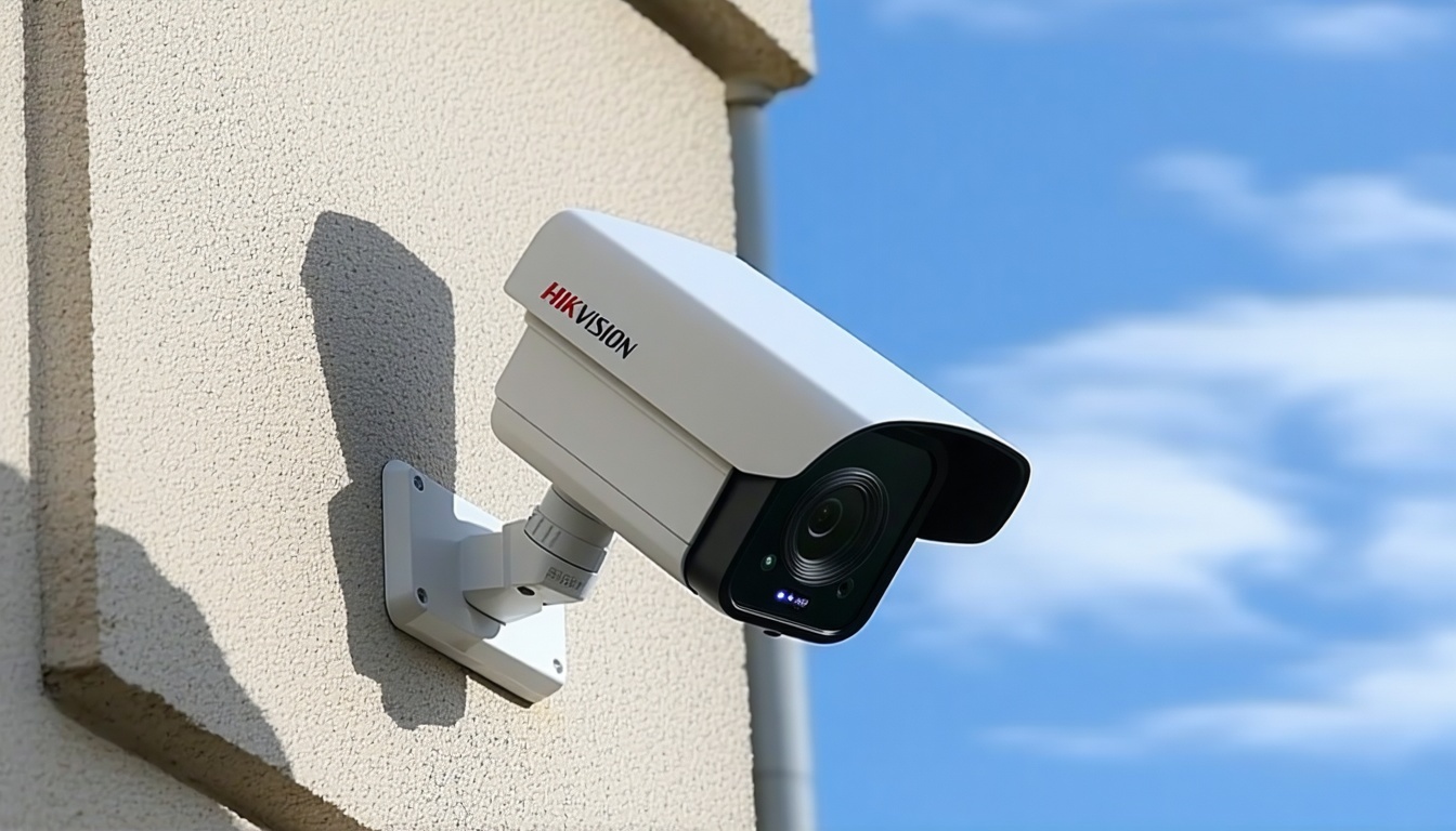 A high-tech Hikvision camera mounted on a building