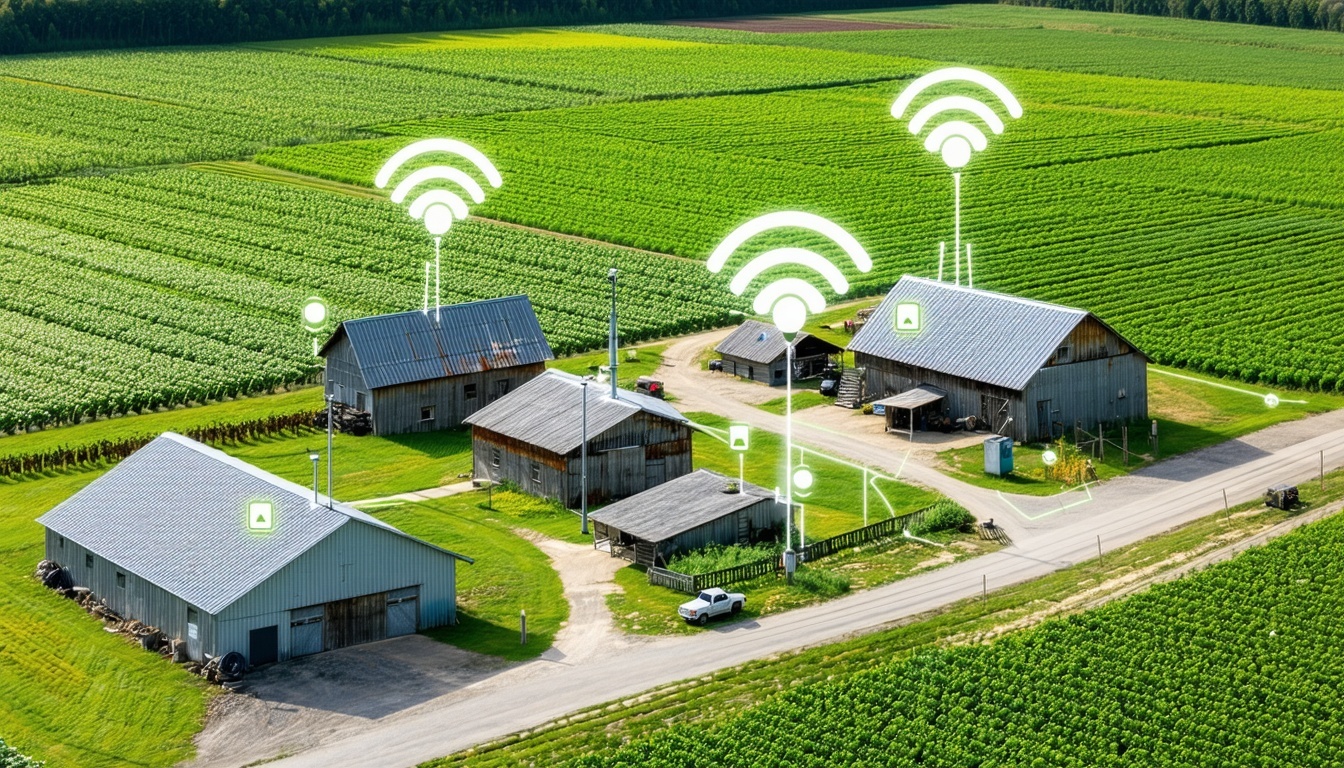A rural farm with multiple buildings connected thr