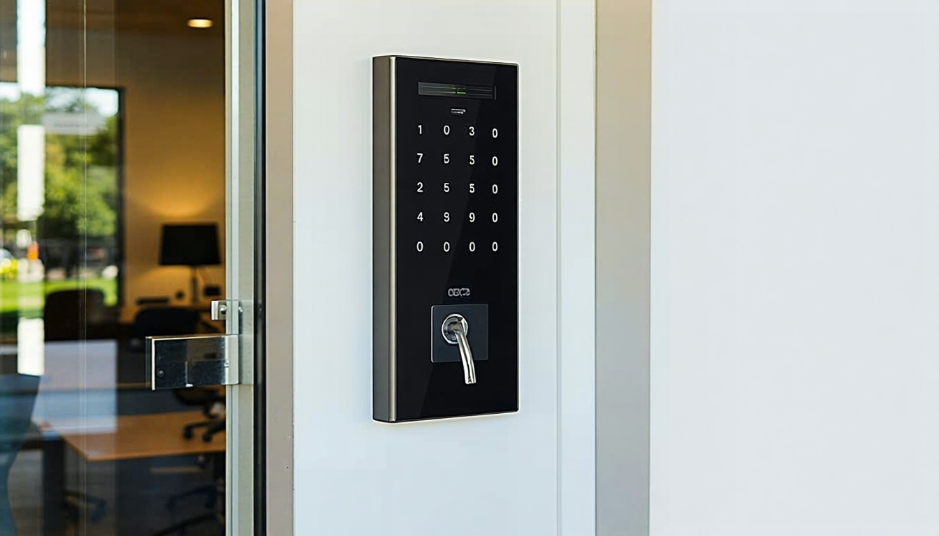 A sleek, modern access control panel installed at