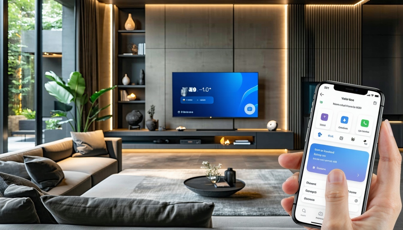 A sleek, modern living room with integrated smart