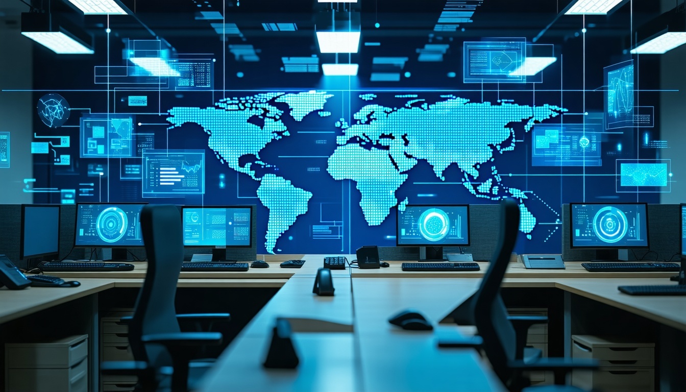 An image of a call center with digital interfaces,